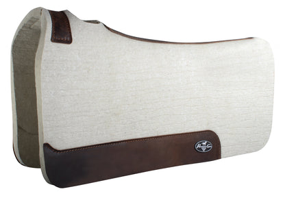 tan in color deluxe wool saddle pad with leather wear leathers, contoured for an anatomically correct fit, with a channel down the spine.