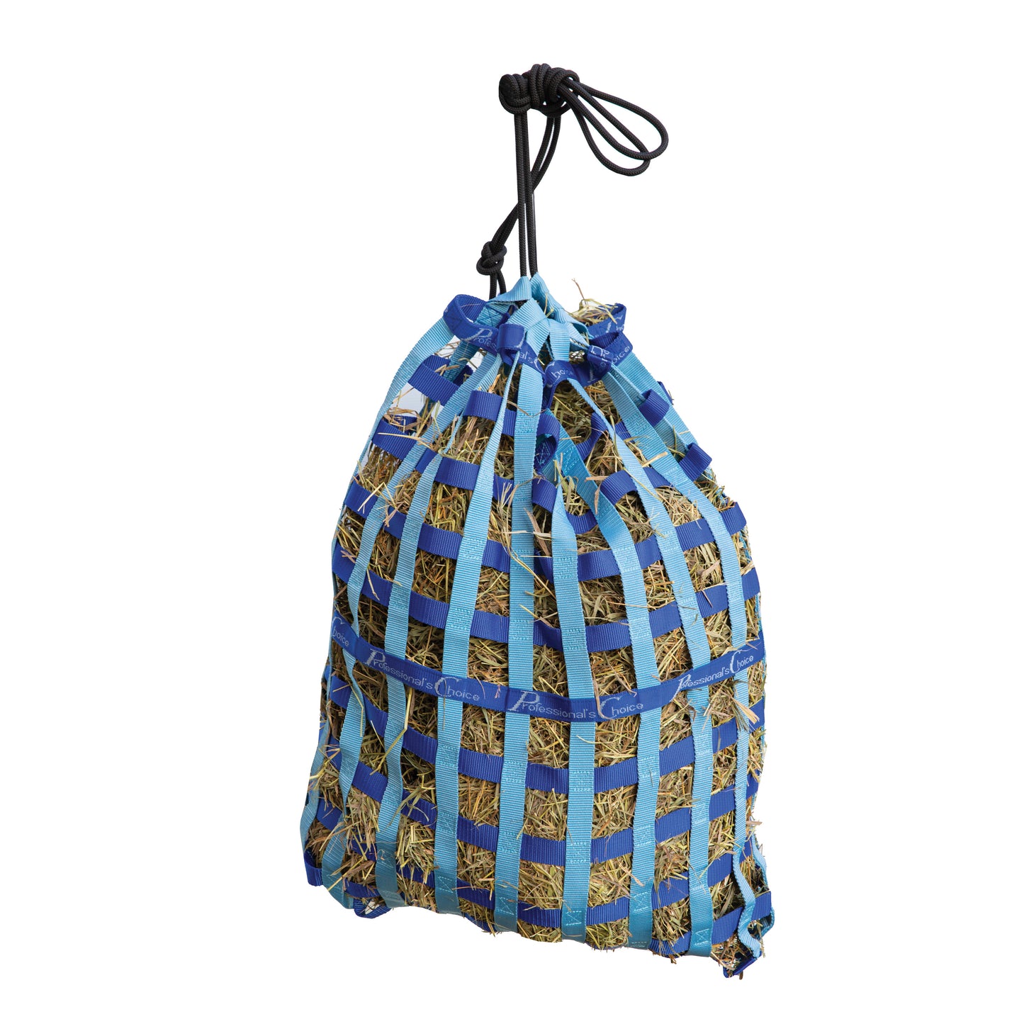 A blue and light blue netted hay bag filled with straw, suspended by a black rope handle against a plain white background.