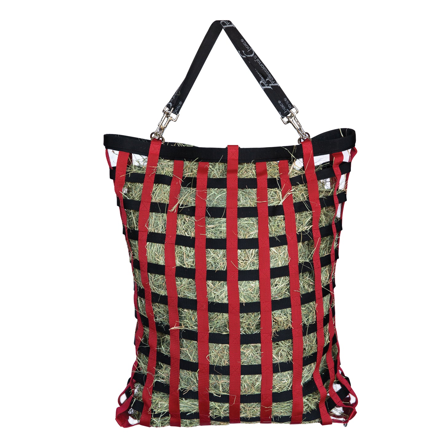 Hay bag with red and black straps on a white background