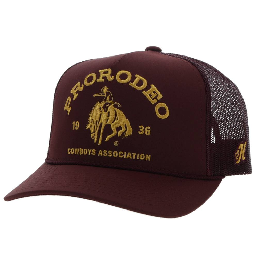 Maroon and gold Hooey cap with 'Pro Rodeo Cowboys Association' text on a white background