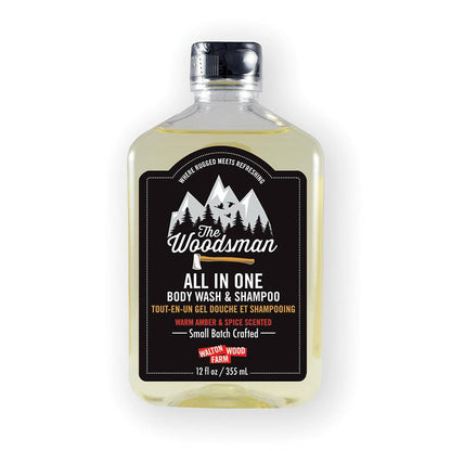 The Woodsman all in one body wash ad shampoo from Walton Wood Farm on a white background