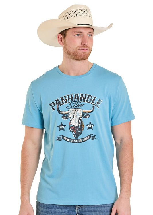 Man wearing a light blue t-shirt with 'Panhandle Slim' logo and text, standing against a white background.