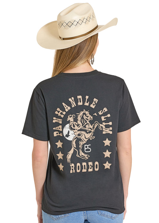 Person wearing a black t-shirt with 'Panhandle Slim Rodeo' design and a cowboy hat on a white background