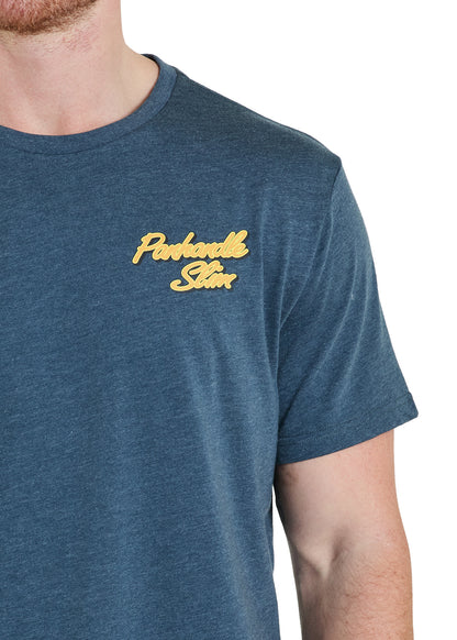 Man wearing a blue Panhandle Slim t shirt on a white background
