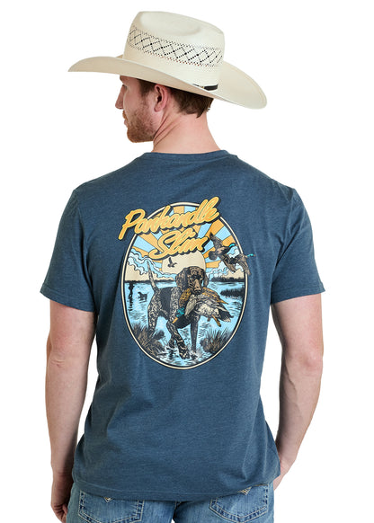 man wearing a Panhandle Slim tshirt with logo and art work, cowboy hat and jeans on a white background