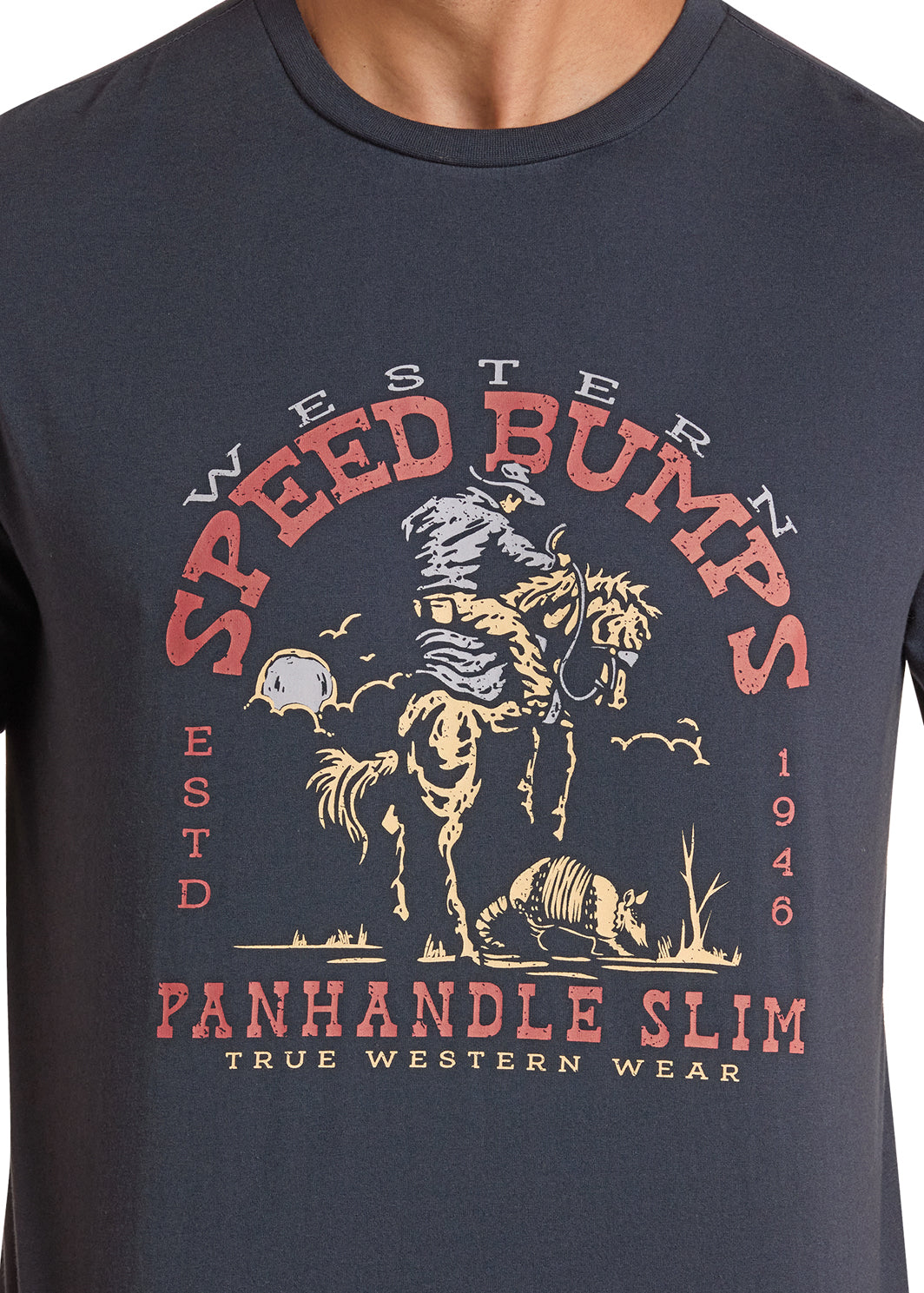 Black Panhandle Slim t-shirt with 'Speed Bumps Panhandle Slim' graphic design on a plain background
