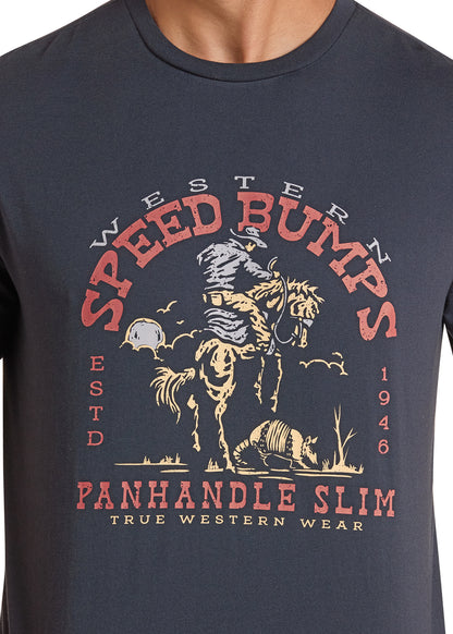 Black Panhandle Slim t-shirt with 'Speed Bumps Panhandle Slim' graphic design on a plain background