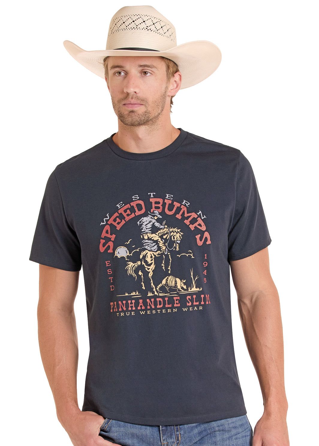 Man wearing a navy Panhandle Slim t-shirt with a graphic design and a cowboy hat on a white background