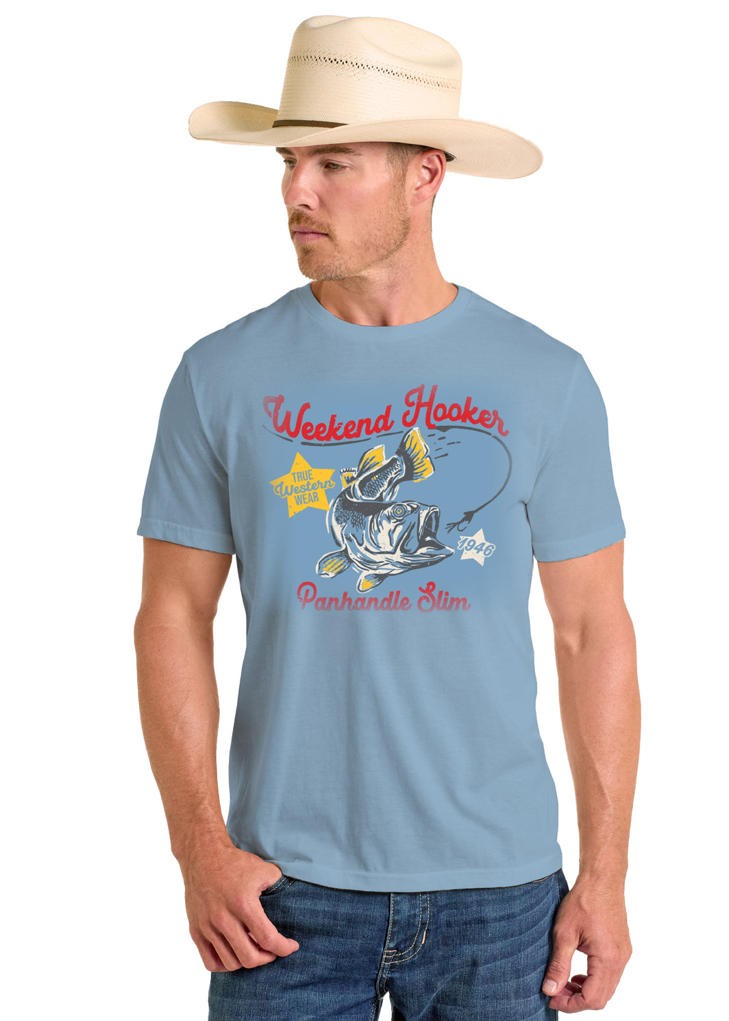 Man wearing a blue t-shirt with a graphic design and cowboy hat on a white background