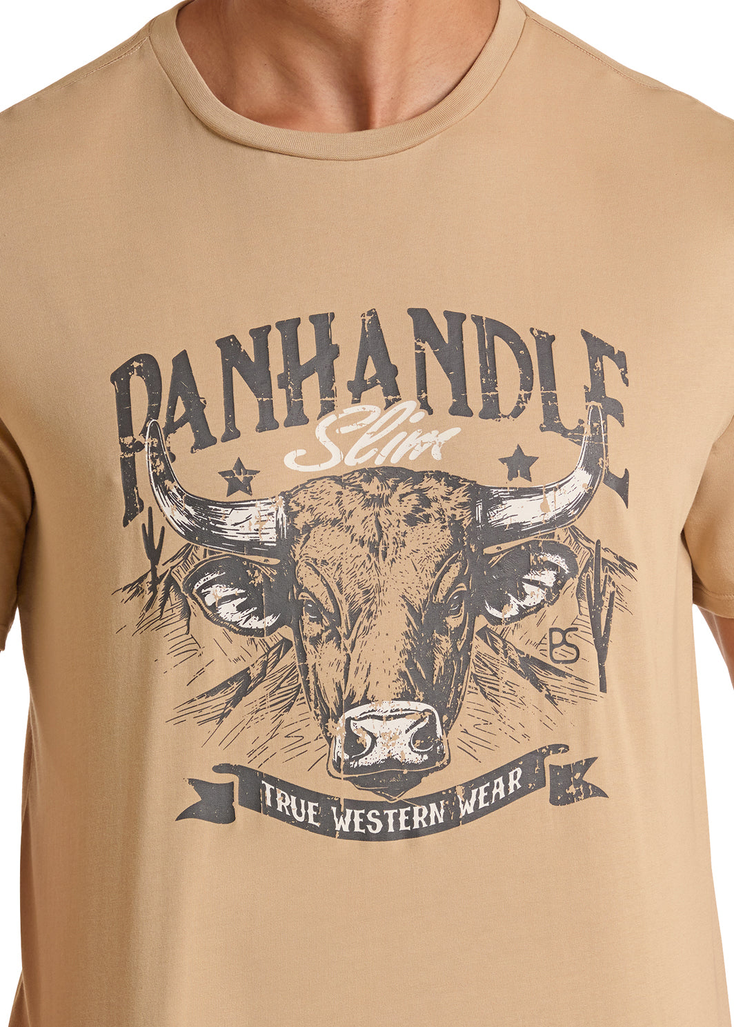 Beige t-shirt with bull graphic and 'Panhandle Slim' branding