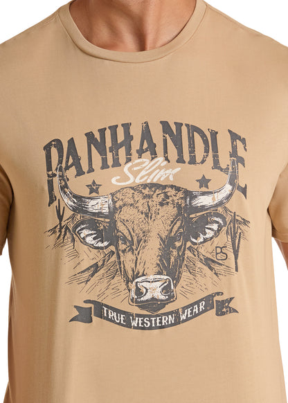 Beige t-shirt with bull graphic and 'Panhandle Slim' branding