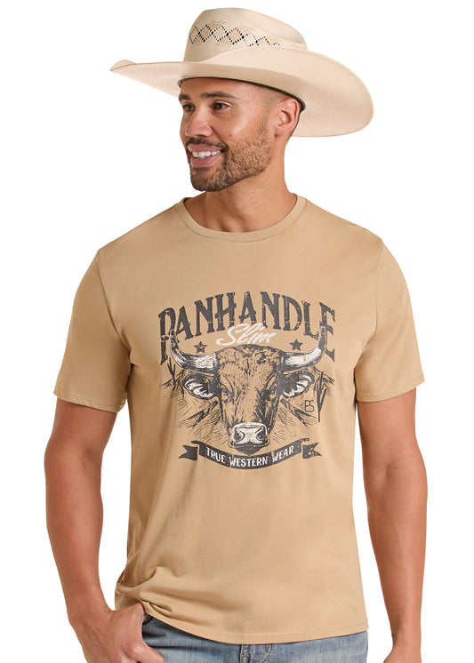 Man wearing a tan 'Panhandle Slim' t-shirt with a graphic design on a white background