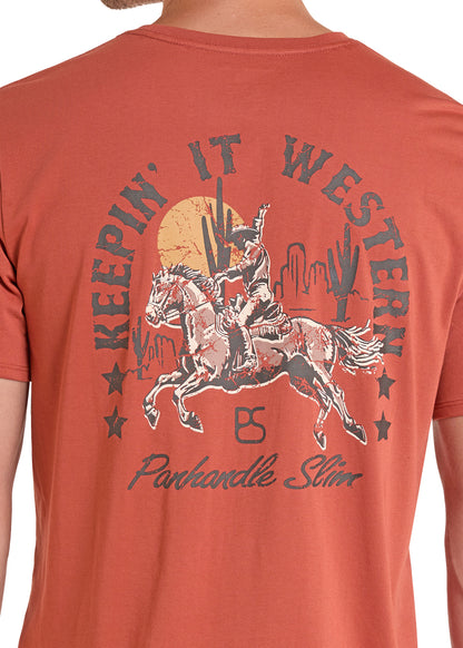 Rust Panhandle Slim t-shirt with a graphic of a person on a horse and text 'Keepin' It Western' on the back.