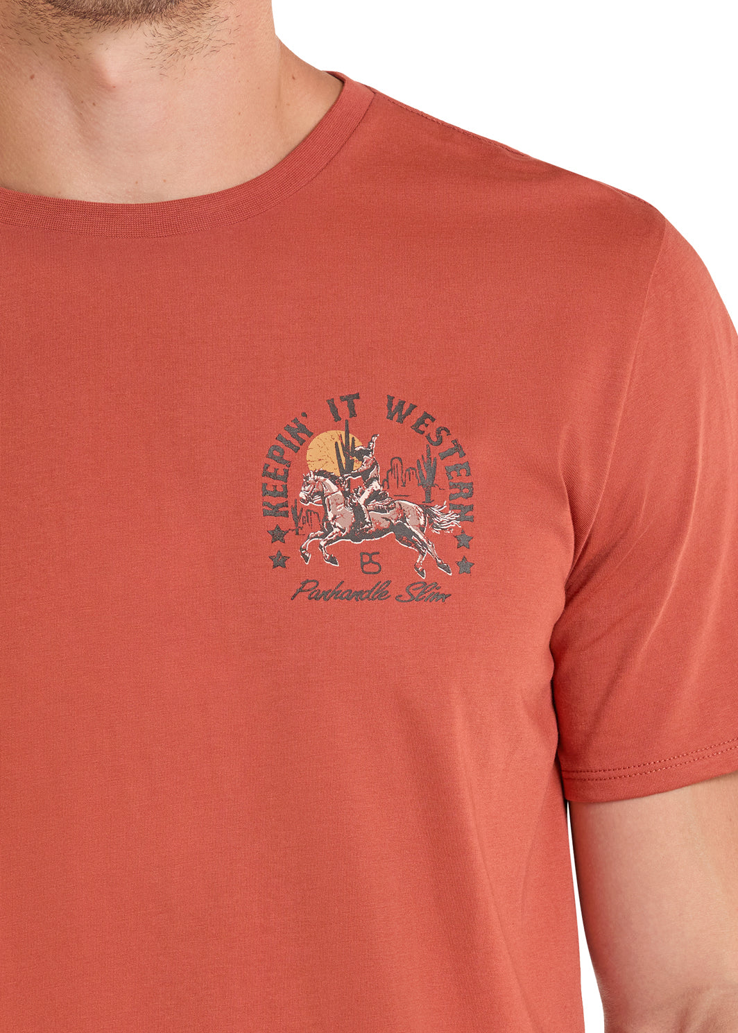 Rust Panhandle Slim t-shirt with a graphic design on a white background