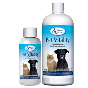 Two bottles of Omega Alpha Pet Vitality on a white background