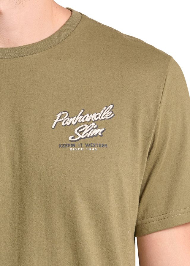 close up of a man wearing an olive Panhandle Slim t shirt on a white background
