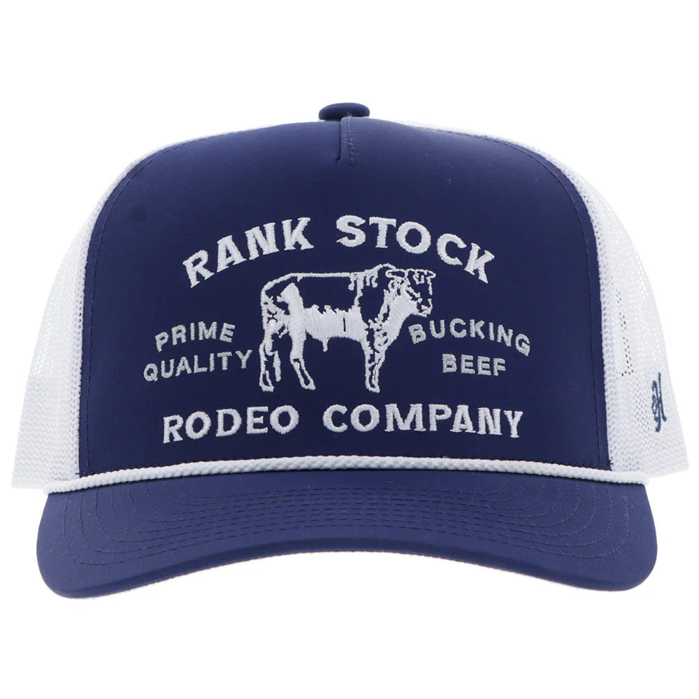 Navy and white cap with 'Rank Stock Rodeo Company' text and cow illustration on a white background