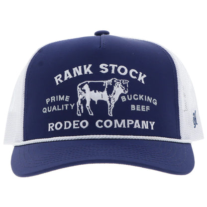 Navy and white cap with 'Rank Stock Rodeo Company' text and cow illustration on a white background