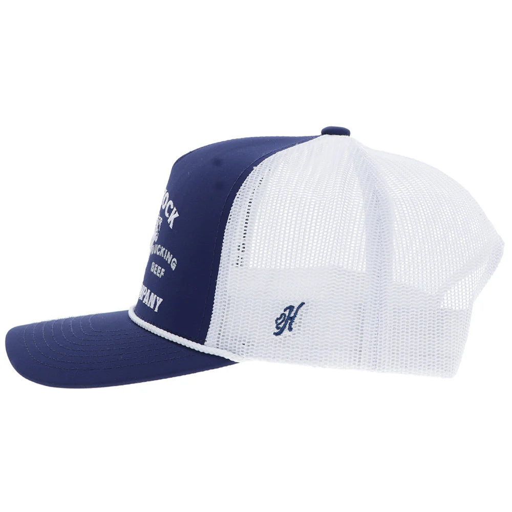 Blue and white trucker hat with mesh back on a white background