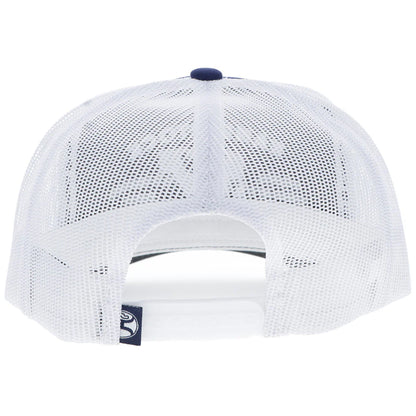 White mesh cap with a small logo on the back against a white background