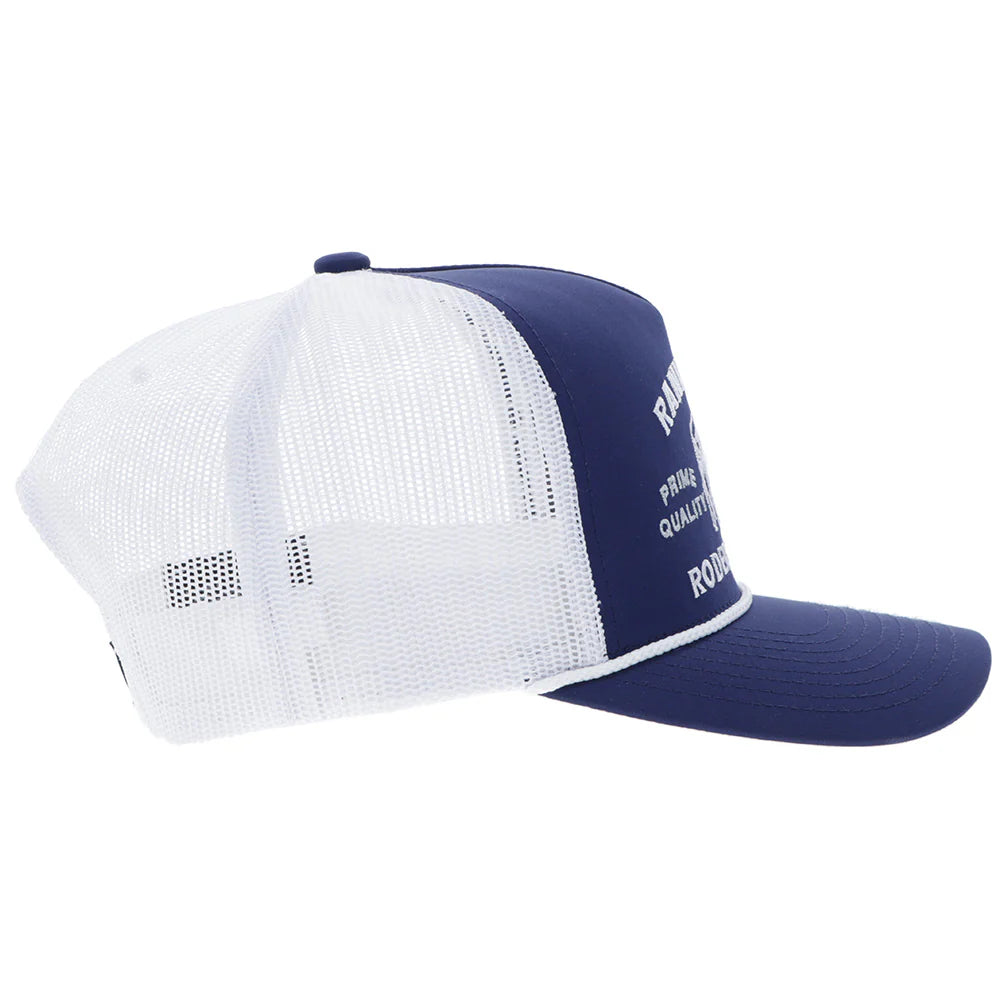 White and blue cap with mesh back on a white background