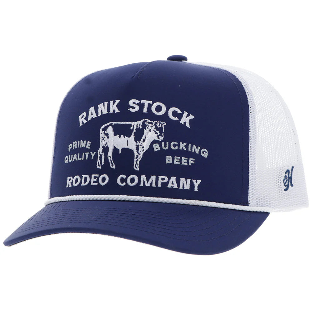 Navy and white cap with 'Rank Stock Rodeo Company' text and logo on a white background