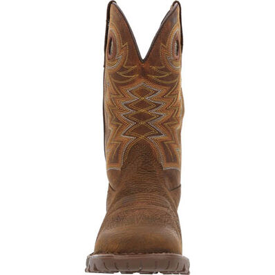 A dark brown, waterproof, full grain leather men's boot with a square toe and a distinctive stitch pattern.