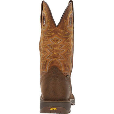 A dark brown, waterproof, full grain leather men's boot with a square toe and a distinctive stitch pattern.