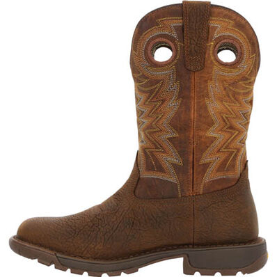 A dark brown, waterproof, full grain leather men's boot with a square toe and a distinctive stitch pattern.