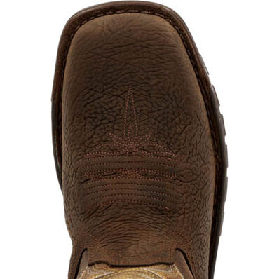 a close up of a brown square toe of a cowboy boot