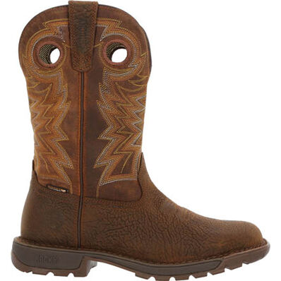 A dark brown, waterproof, full grain leather men's boot with a square toe and a distinctive stitch pattern.