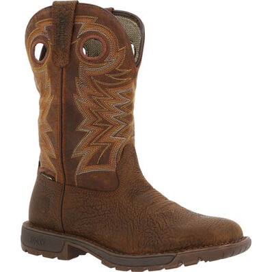 A dark brown, waterproof, full grain leather men's boot with a square toe and a distinctive stitch pattern.