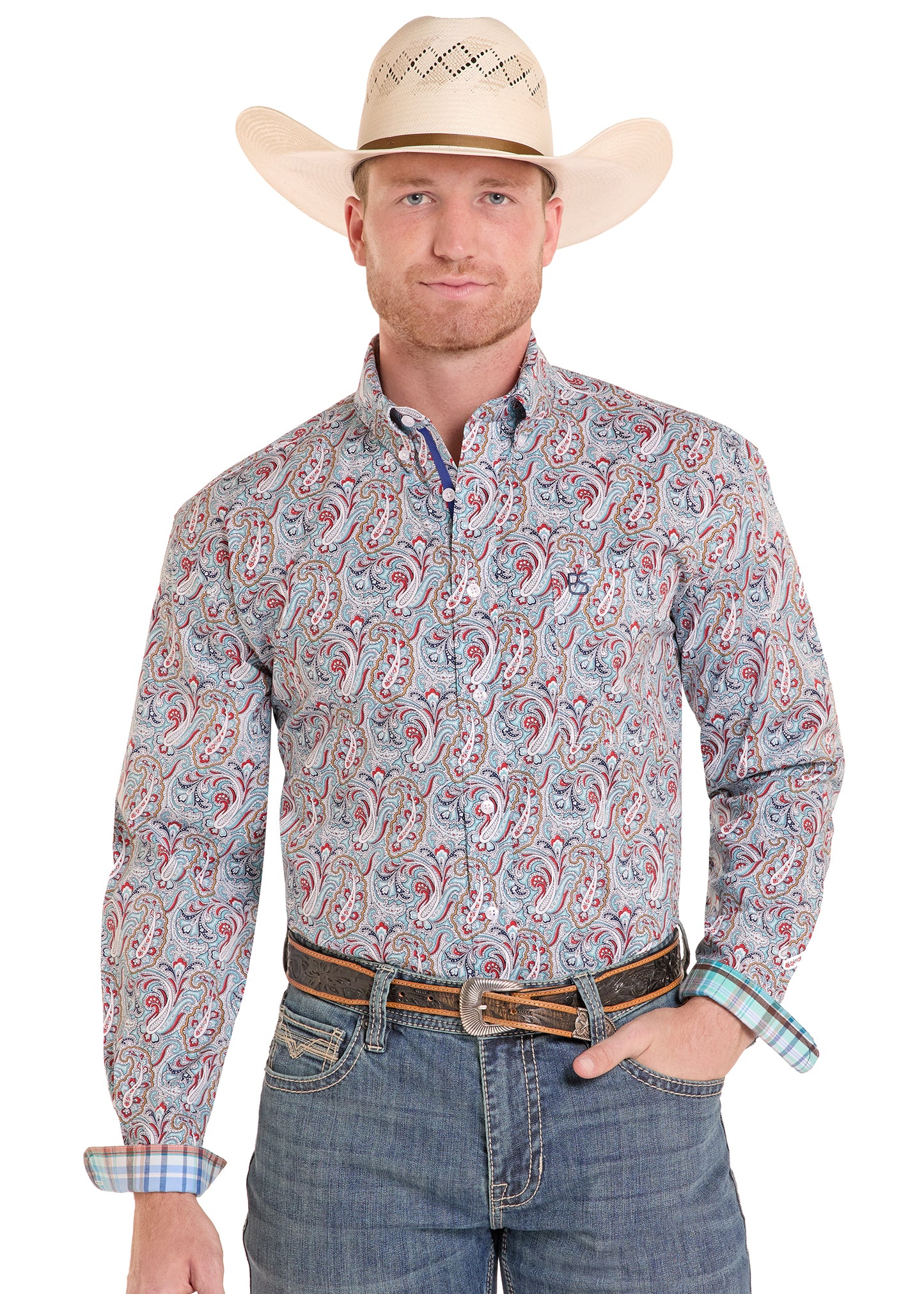 Man wearing a multi colored paisley Panhandle Slim shirt, blue jeans and a cowboy hat on a white background