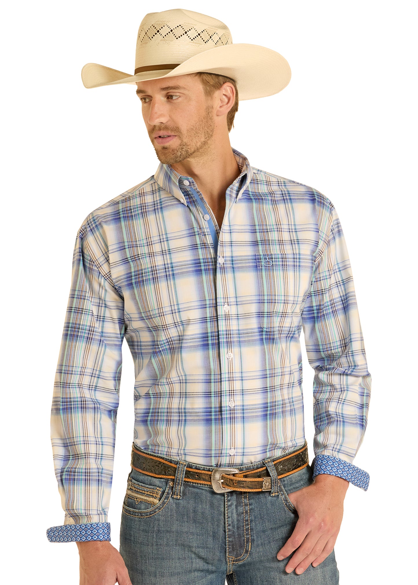 Man wearing a plaid Panhandle Slim shirt, jeans, and a cowboy hat on a white background