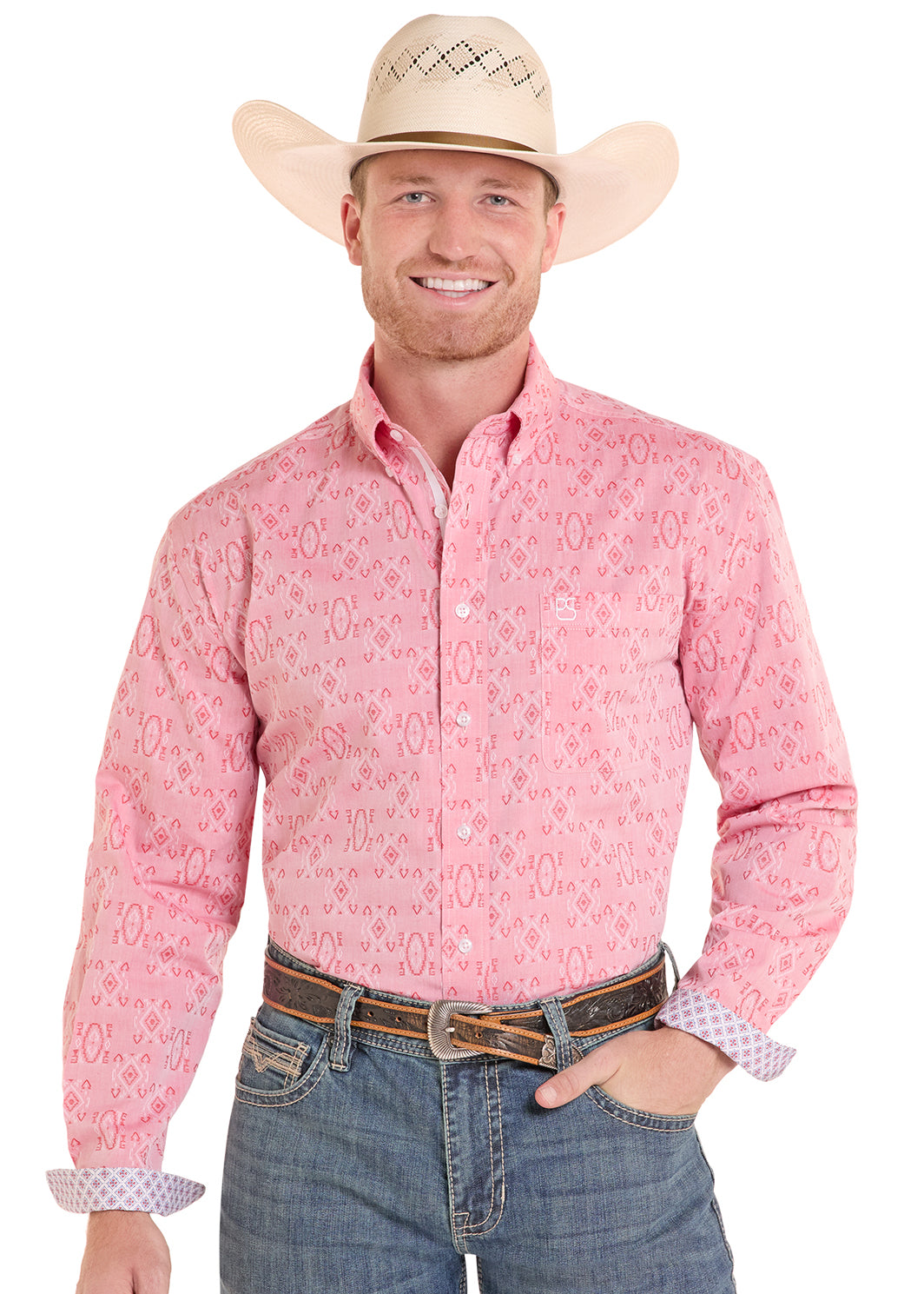 Man wearing a red Panhandle Slim shirt and a cowboy hat and blue jeans on a white background