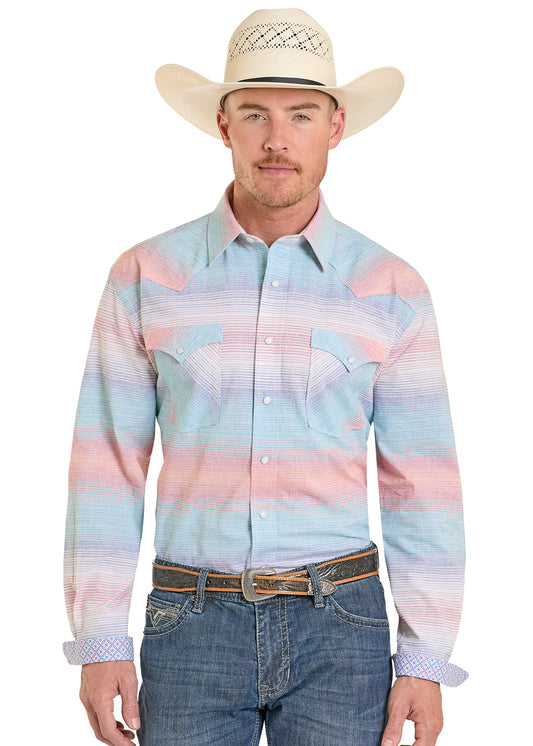 Man wearing a colorful striped shirt, jeans, and a cowboy hat on a white background