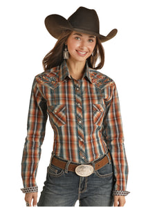Roughstock™ Orange & Blue Plaid With Floral Embroidery Women's Shirt by Panhandle Slim®
