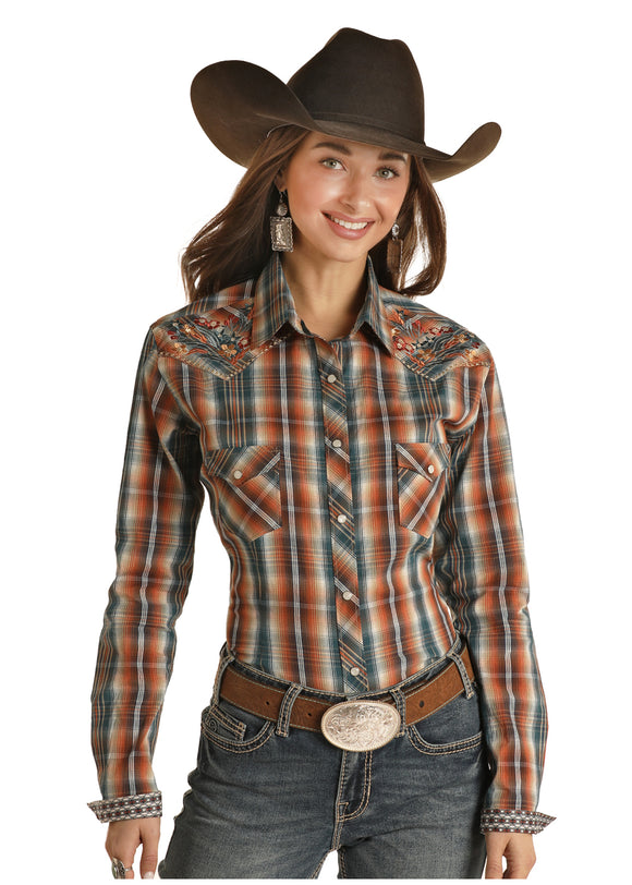 Roughstock™ Orange & Blue Plaid With Floral Embroidery Women's