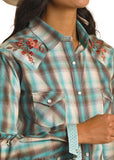 Roughstock™ Teal Plaid With Floral Embroidery Women's Shirt by Panhandle Slim®