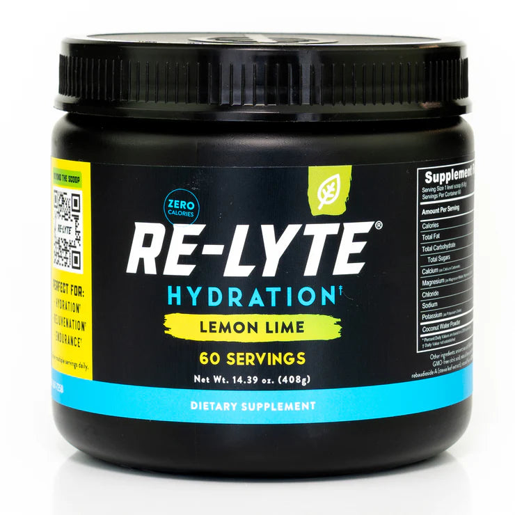 Black container of RE-LYTE Hydration powder with lemon lime flavor on a white background