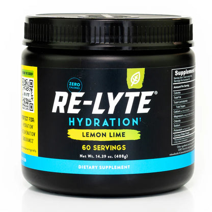 Black container of RE-LYTE Hydration powder with lemon lime flavor on a white background