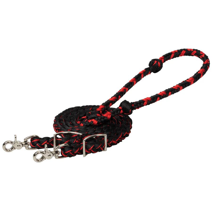 Black & red braided poly barrel reins with trigger snaps on a white background
