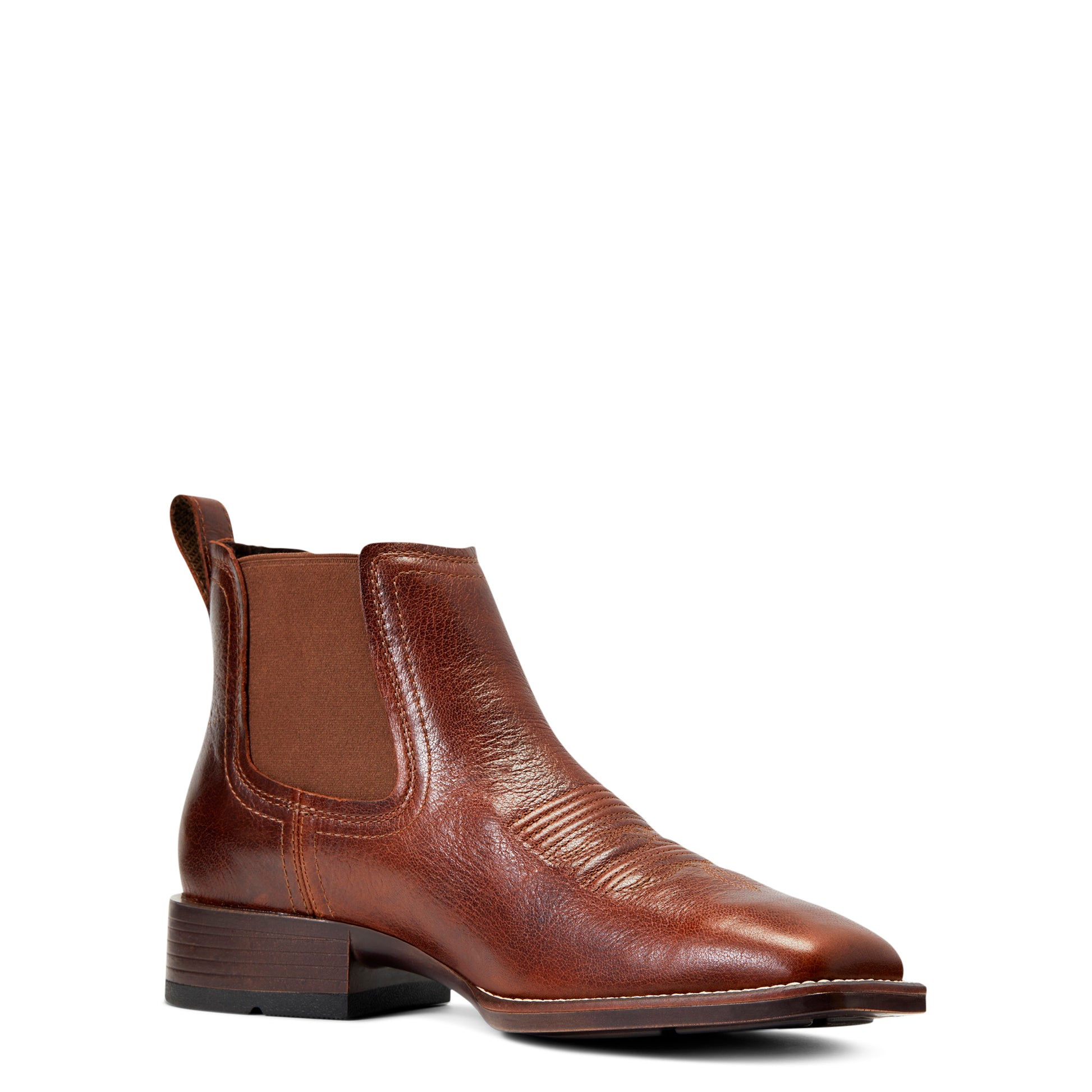 Brown leather Chelsea boot with a wide square cowboy toe on a white background