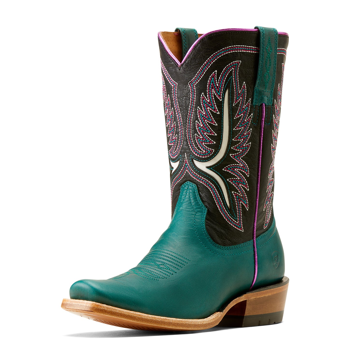 Teal and black cowboy boot with intricate stitching on a white background