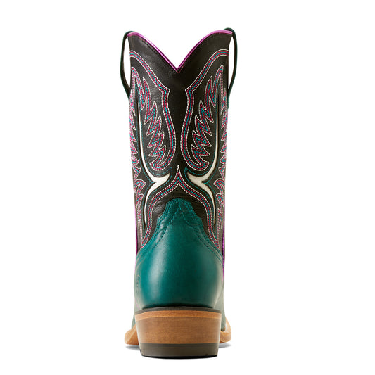 teal cowboy boot with intricate black and white pattern on a white background