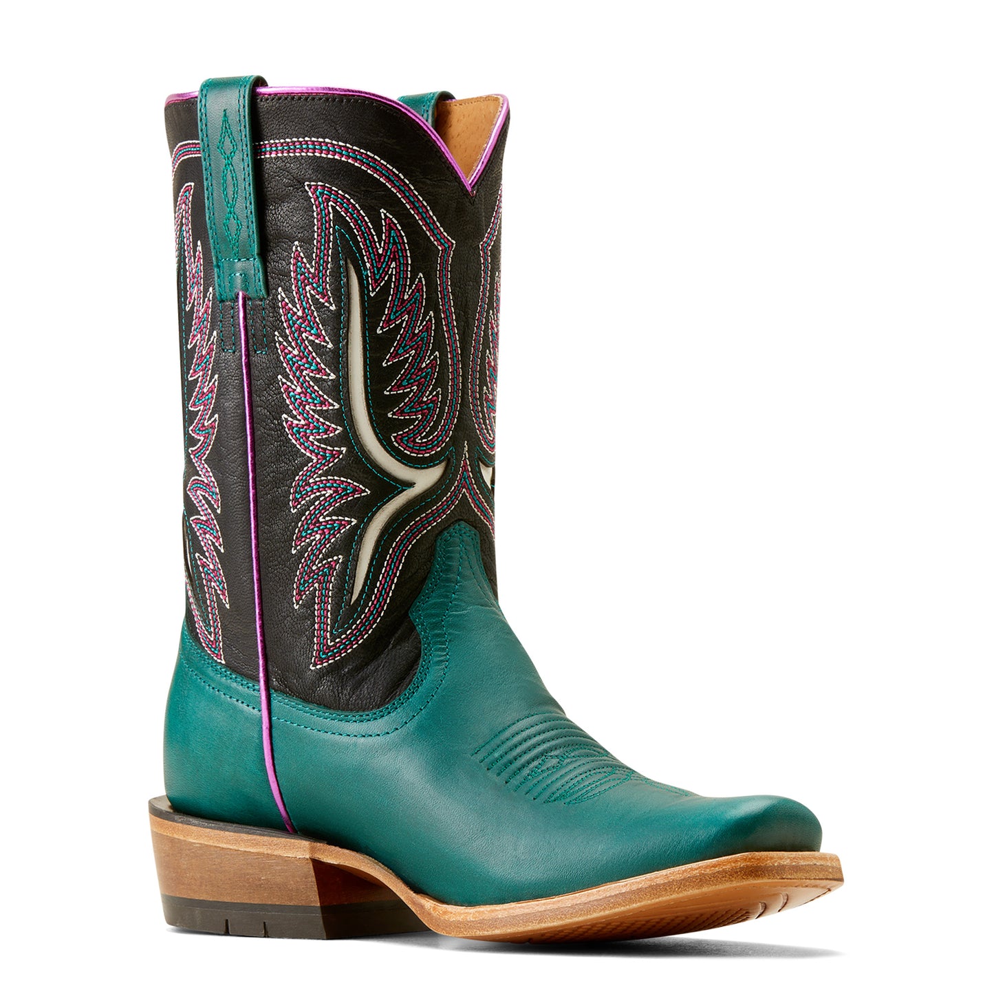 Teal cowboy boot with black leather accents on a white background
