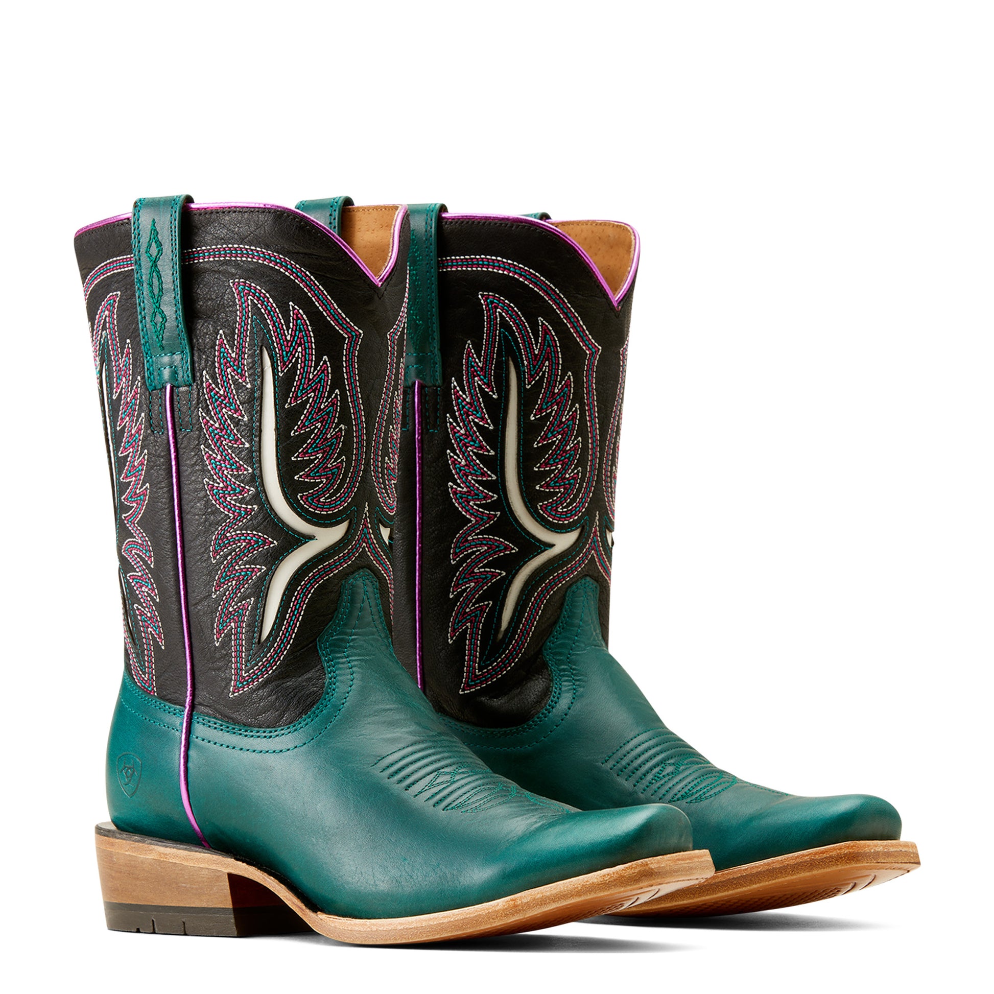 Pair of turquoise cowboy boots with decorative stitching on a white background