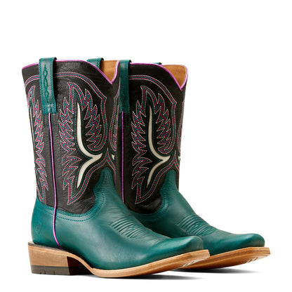 Pair of turquoise cowboy boots with decorative stitching on a white background
