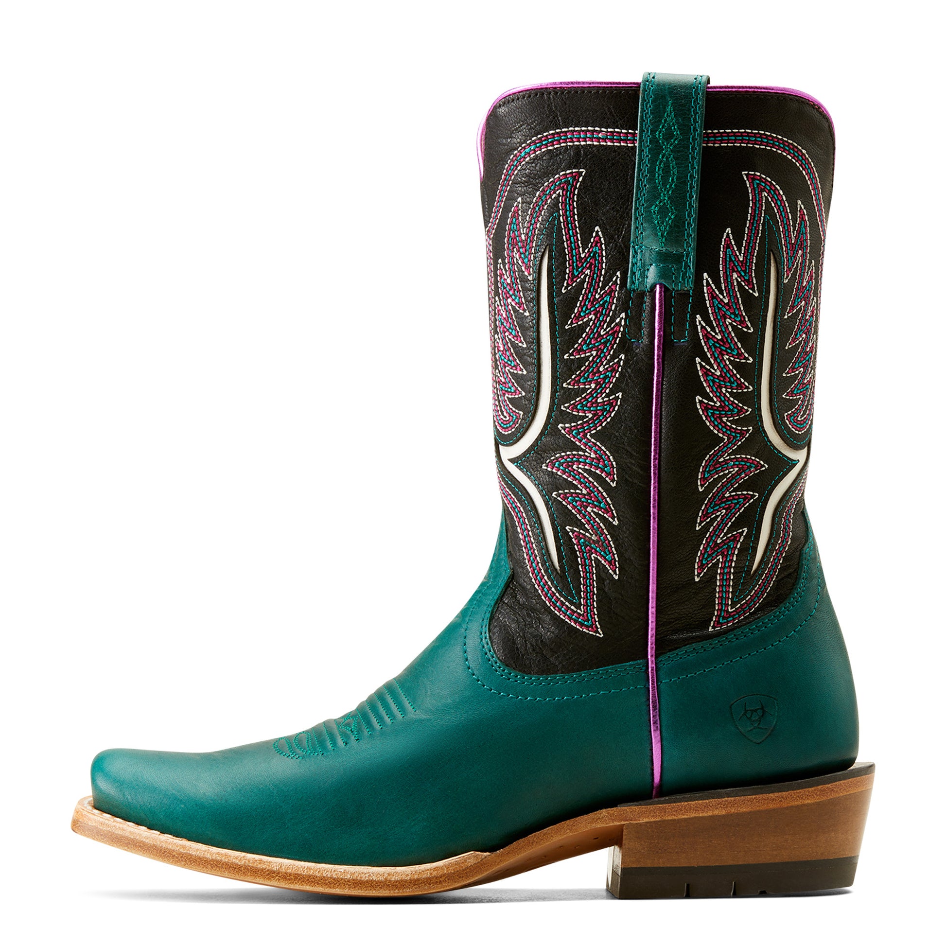 Teal and black cowboy boot with intricate stitching on a white background