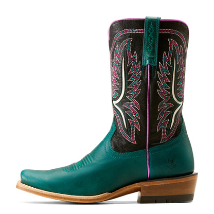 Teal and black cowboy boot with intricate stitching on a white background